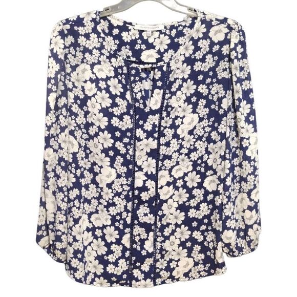 Navy Blue White Floral Keyhole Blouse Top Plus Sz 2X Collective Concepts - Picture 3 of 7